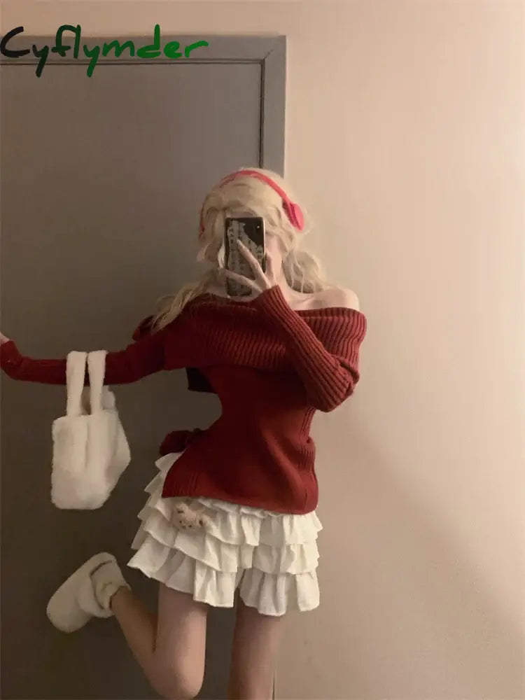 Cyflymder Winter Kawaii Sweet 2 Piece Set Woman Off Shoulder Bow Knitted Tops + Mini Cake Skirt