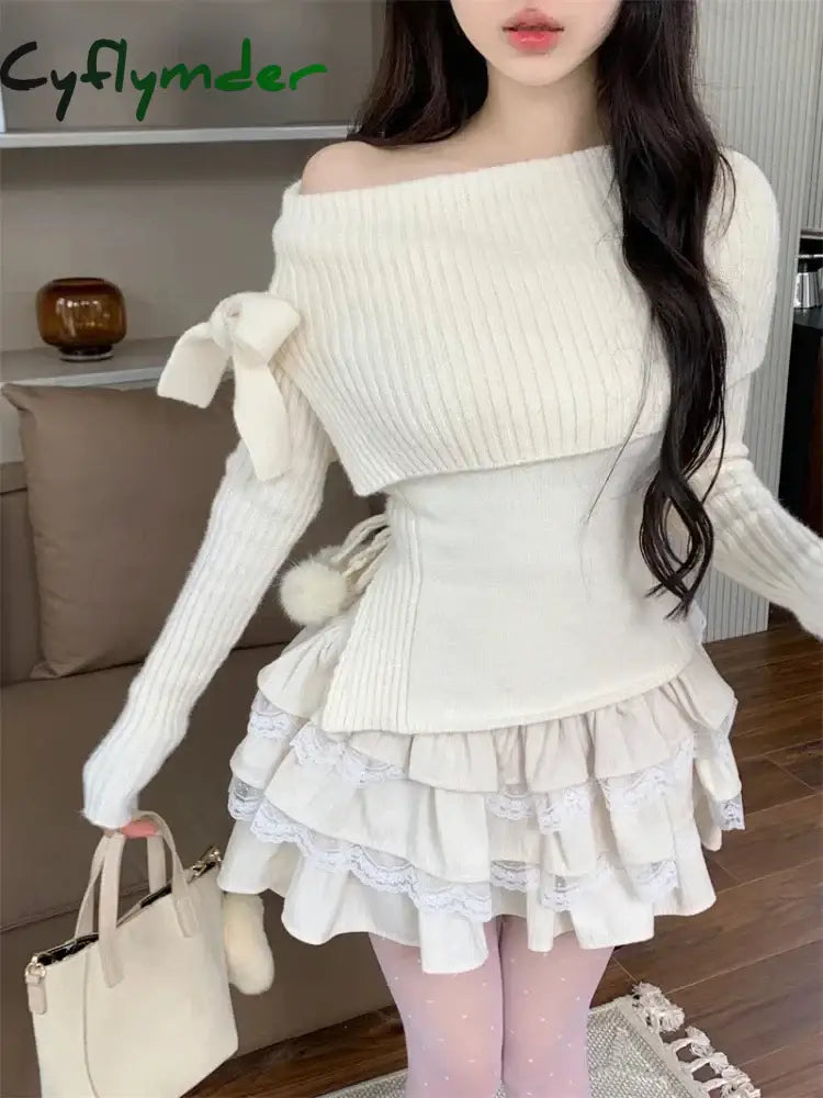Winter Kawaii Sweet 2 Piece Set Woman Off Shoulder Bow Knitted Tops + Mini Cake Skirt Female Korean Fashion Casual Suit 2024 New