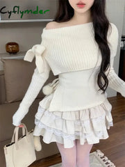 Winter Kawaii Sweet 2 Piece Set Woman Off Shoulder Bow Knitted Tops + Mini Cake Skirt Female Korean Fashion Casual Suit 2024 New