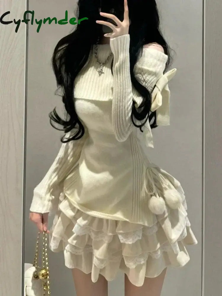 Cyflymder Winter Kawaii Sweet 2 Piece Set Woman Off Shoulder Bow Knitted Tops + Mini Cake Skirt
