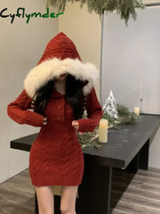 Cyflymder Winter Knitted Sweater Dress Hooded Women Slim Bodycon Y2k Mini Dress Faux Fur Female One Piece Dress Korean