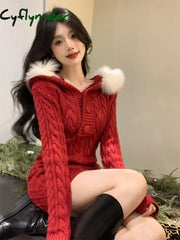 Cyflymder Winter Knitted Sweater Dress Hooded Women Slim Bodycon Y2k Mini Dress Faux Fur Female One Piece Dress Korean