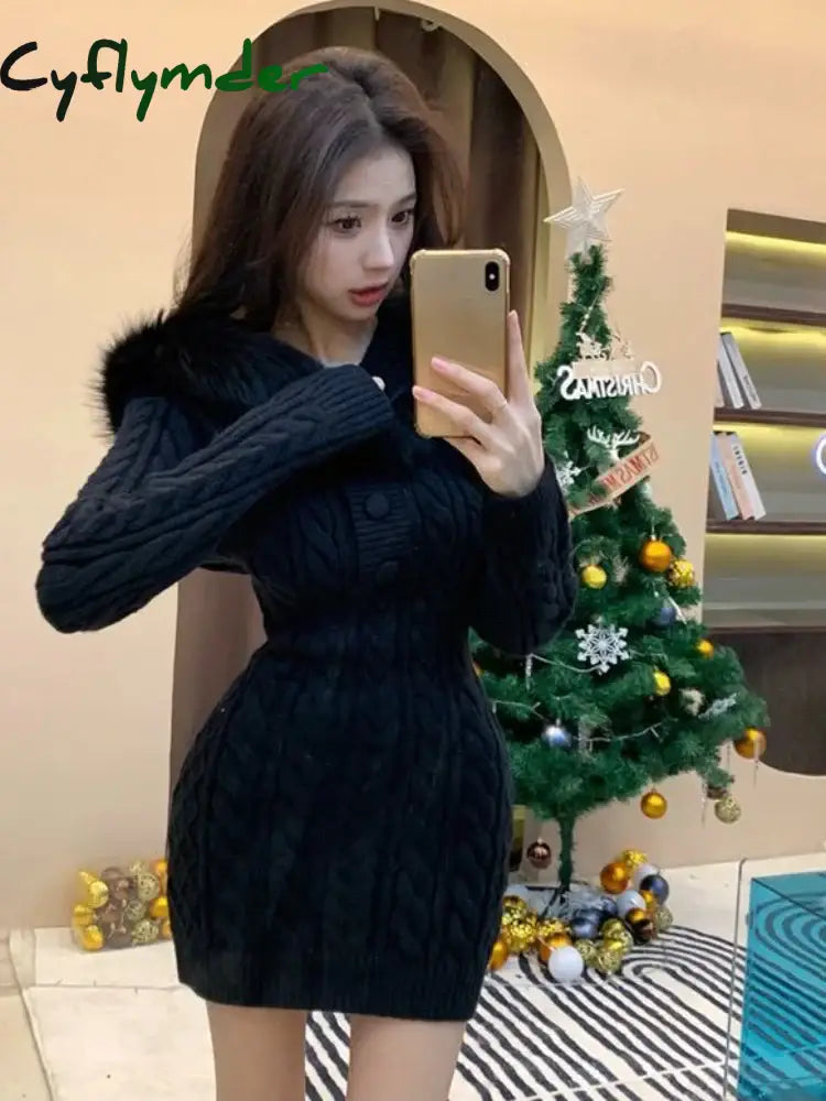 Cyflymder Winter Knitted Sweater Dress Hooded Women Slim Bodycon Y2k Mini Dress Faux Fur Female One Piece Dress Korean