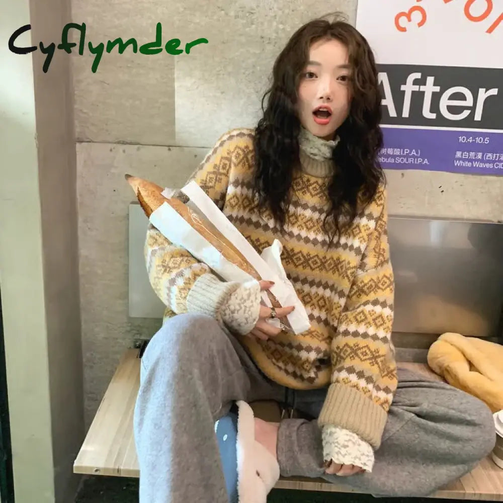 Cyflymder Winter Knitwear Pullover Sweaters For Women Top Blue Vintage Long Loose Autres Sweats