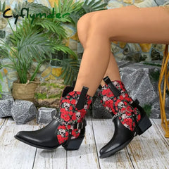 Cyflymder Winter New Fashion Leather Ankle Boots Women Thick Heels Pointed Toe Western Cowboy Short Boots Pointed Toed