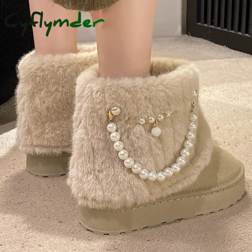 Cyflymder Winter New String Bead Plush Women’s Boots Warm Stylish Thick Platform Slip On Boots Faux Fur Plus Size 43
