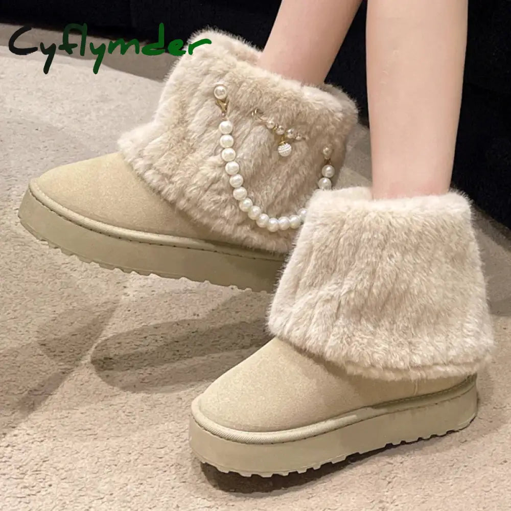 Cyflymder Winter New String Bead Plush Women’s Boots Warm Stylish Thick Platform Slip On Boots Faux Fur Plus Size 43