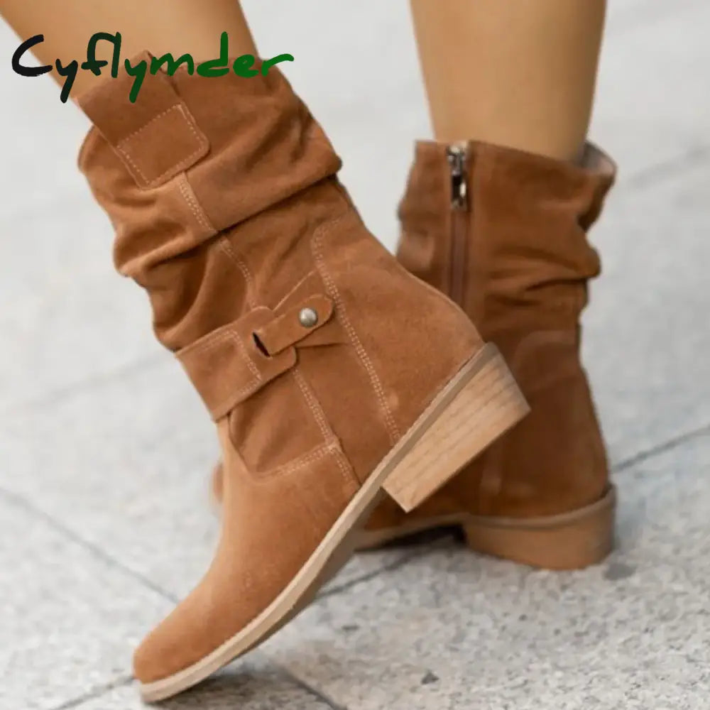 Cyflymder Winter New Women’s Boots Large Low Heel 40-43 Suede Ankle Boots for Women Brown Long Boots