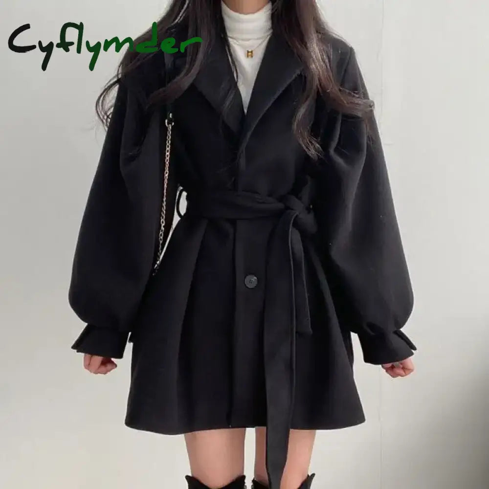 Cyflymder Winter Outfit Black Trench Coat For Women Aesthetic Long Wool Blends Winter Clothing