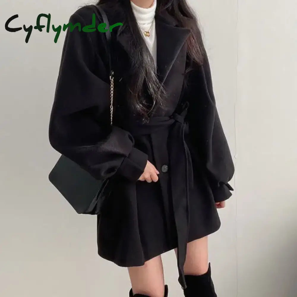 Cyflymder Winter Outfit Black Trench Coat For Women Aesthetic Long Wool Blends Winter Clothing