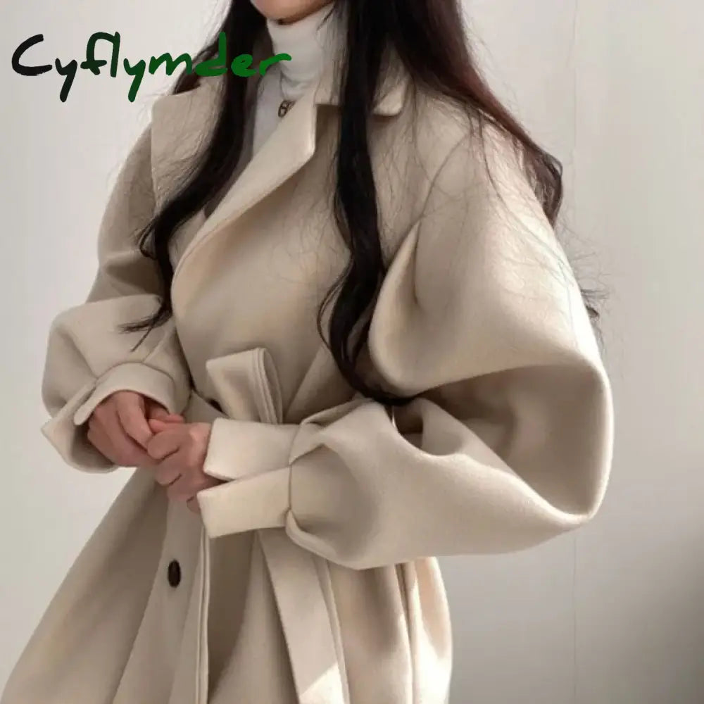 Cyflymder Winter Outfit Black Trench Coat For Women Aesthetic Long Wool Blends Winter Clothing