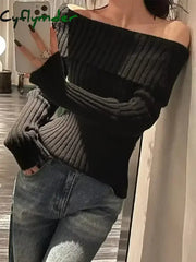 Cyflymder WINTER OUTFITS Autumn Winter Rib Knitted Off The Shoulder Pullover Sweater Sexy Women Full Sleeve Sweater