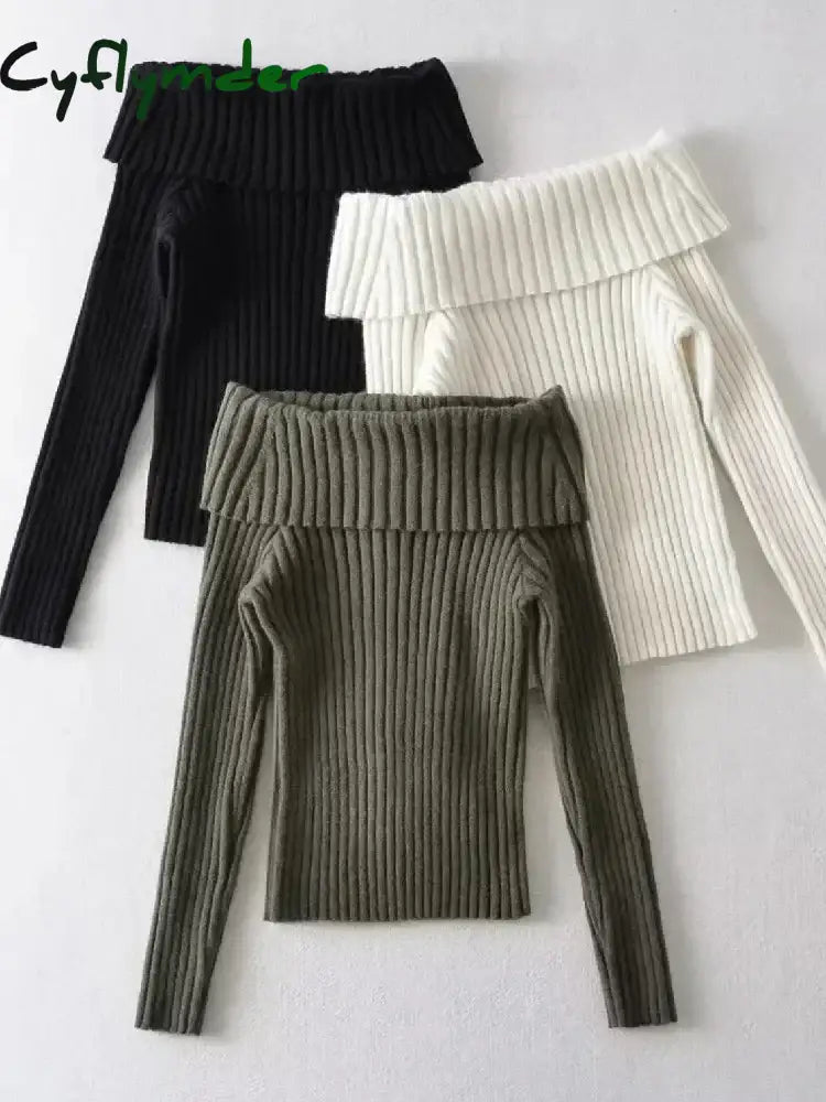 Cyflymder WINTER OUTFITS Autumn Winter Rib Knitted Off The Shoulder Pullover Sweater Sexy Women Full Sleeve Sweater