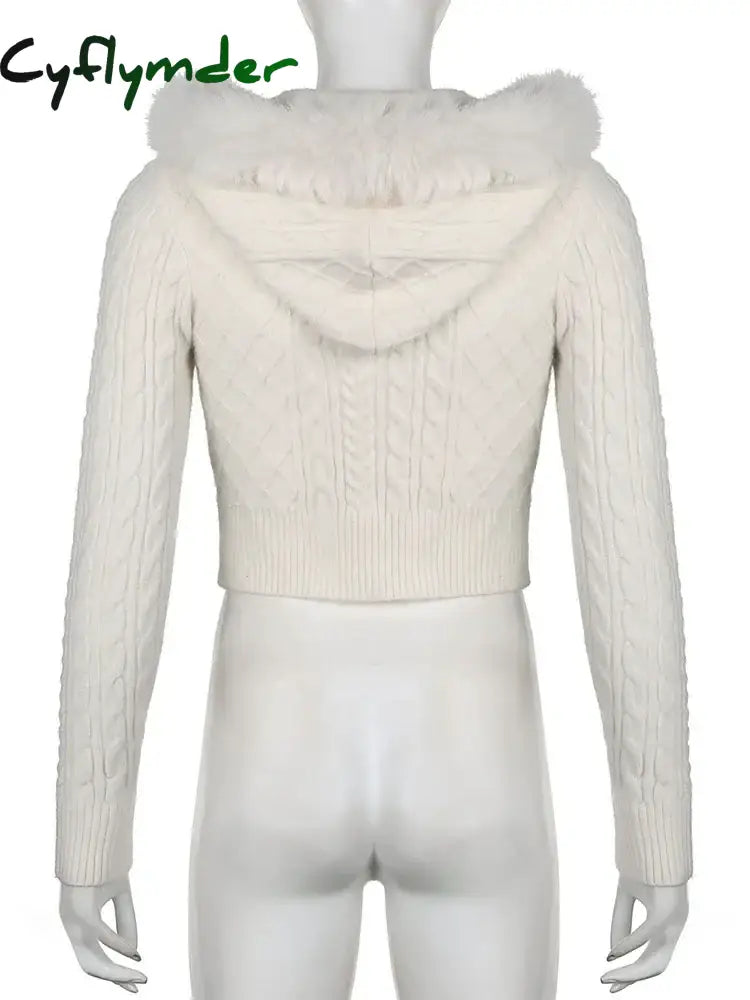 Cyflymder WINTER OUTFITS Sweet Furry Trim Hooded Knitted Cropped Cardigans Slim Zipper Long Sleeve Sweaters Women