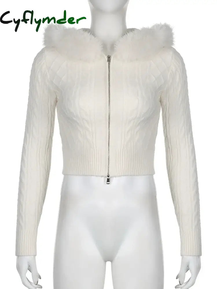 Cyflymder WINTER OUTFITS Sweet Furry Trim Hooded Knitted Cropped Cardigans Slim Zipper Long Sleeve Sweaters Women