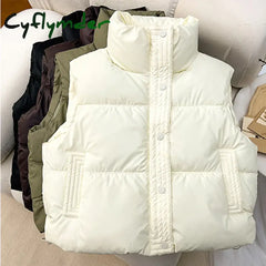 Cyflymder WINTER OUTFITS Women Casual Solid Warm Sleeveless Vest Coat Mock Neck PU Thicken Jacket Button Up Loose Women