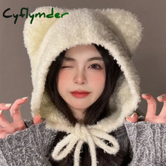 Cyflymder Winter Plush Beanies Cute Bear Ear Wool Hat Warm Lace-up Ear Protection Knitted Bomber Cap Bonnets Knitting