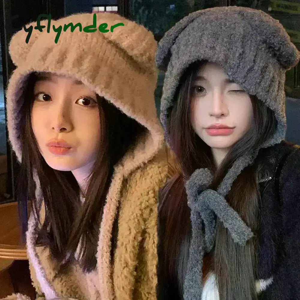 Cyflymder Winter Plush Beanies Cute Bear Ear Wool Hat Warm Lace-up Ear Protection Knitted Bomber Cap Bonnets Knitting