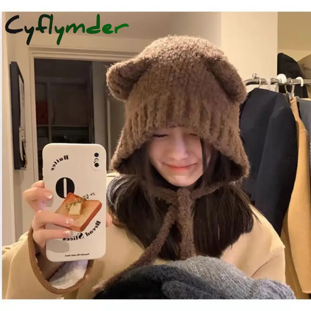 Cyflymder Winter Plush Beanies Cute Bear Ear Wool Hat Warm Lace-up Ear Protection Knitted Bomber Cap Bonnets Knitting