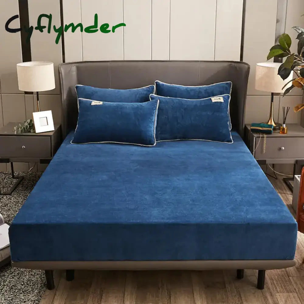 Cyflymder Winter Plush Elastic Fitted Sheet Double Bed Sheet Soft Warm Velvet Bedspread Mattress Cover Bed Linen