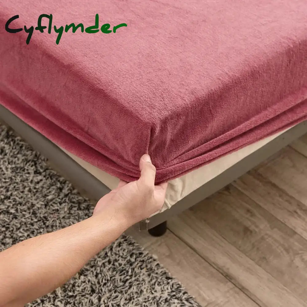 Cyflymder Winter Plush Fitted Sheet Elastic Double Bed Sheet Warm Bedspread Solid Color Mattress Cover Bed Linen