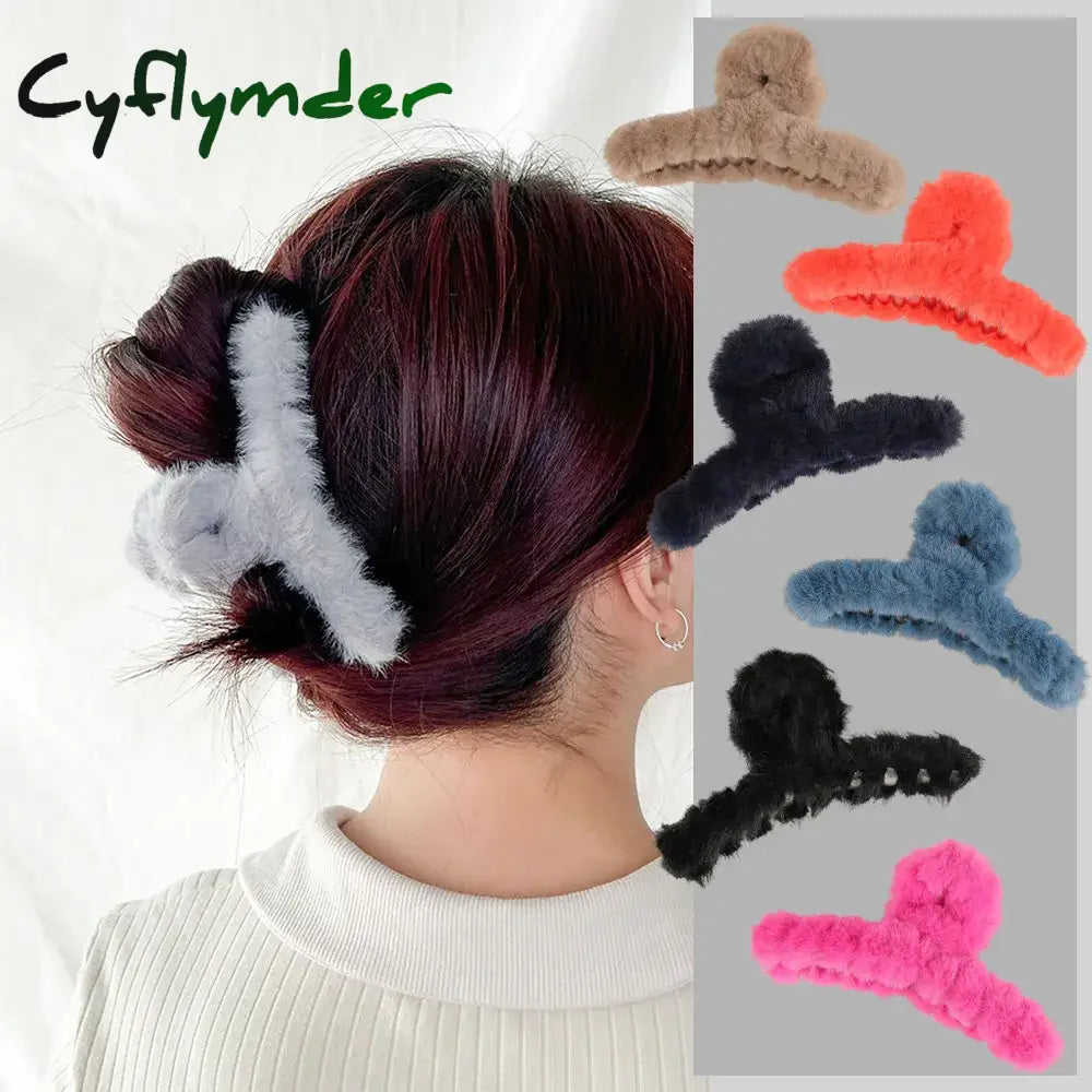 Cyflymder Winter Plush Hair Claw Elegant Acrylic Hairpins Faux Fur Clip Barrette Crab Headwear For