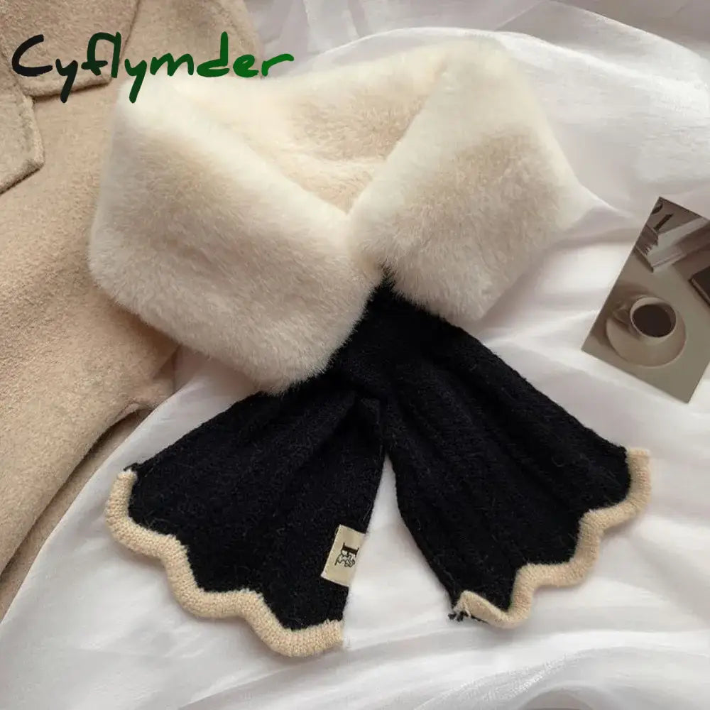 Cyflymder Winter Plush Scarf Woman Thick Fish Tail Wool Knit Cross Fur Collar Outdoor Cycling Neck Protect Cervical