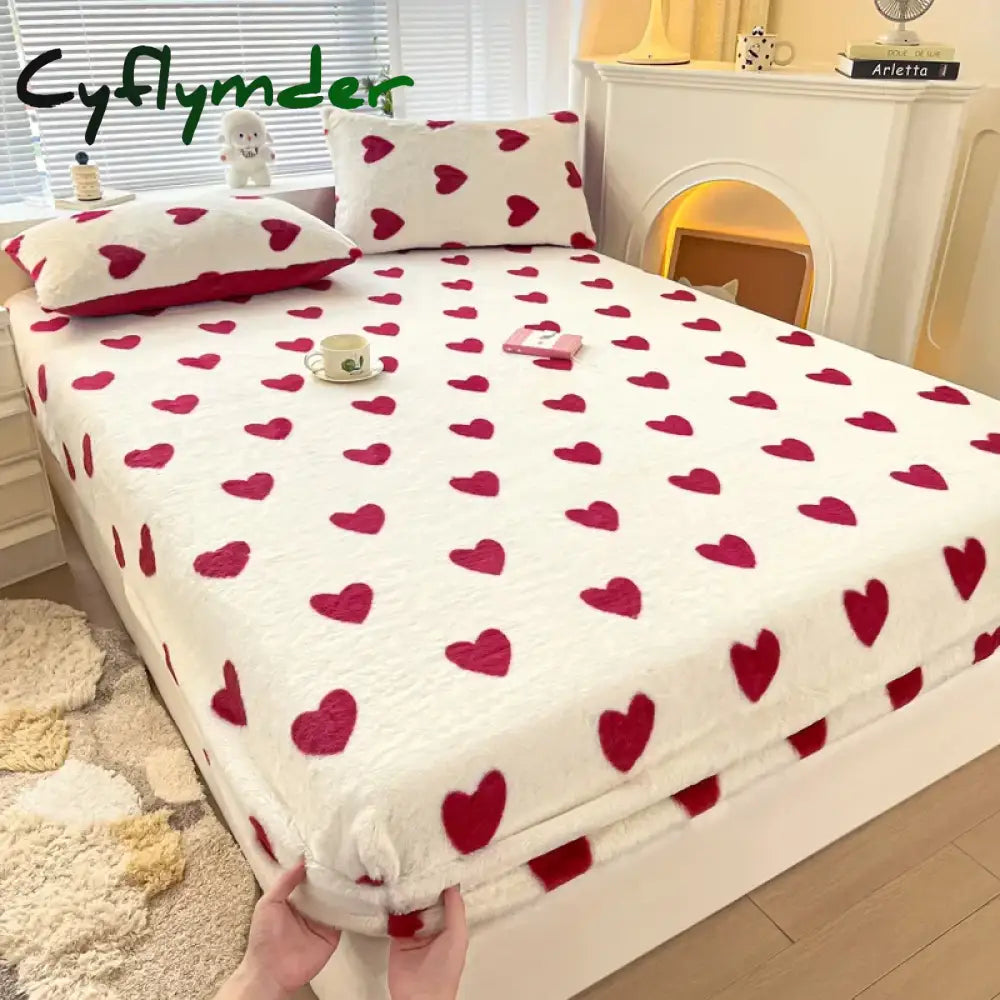 Cyflymder Winter Thermal Plush Fitted Sheet Elastic Mattress Cover Red Heart Printed Warm Coral Fleece Bed Linens Queen