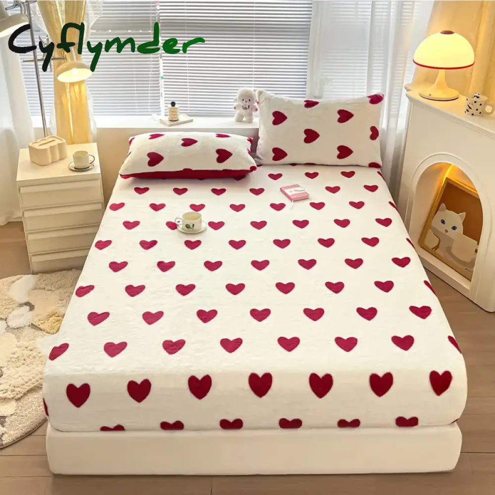 Cyflymder Winter Thermal Plush Fitted Sheet Elastic Mattress Cover Red Heart Printed Warm Coral Fleece Bed Linens Queen