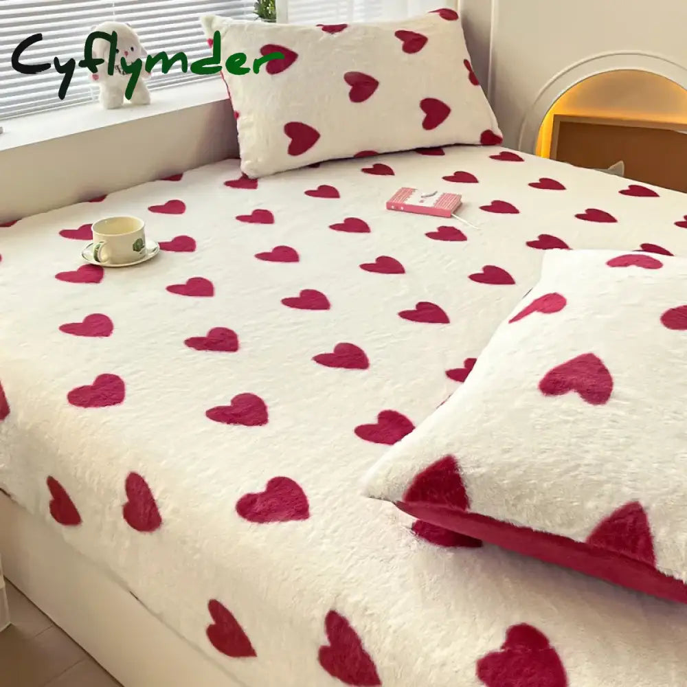 Cyflymder Winter Thermal Plush Fitted Sheet Elastic Mattress Cover Red Heart Printed Warm Coral Fleece Bed Linens Queen