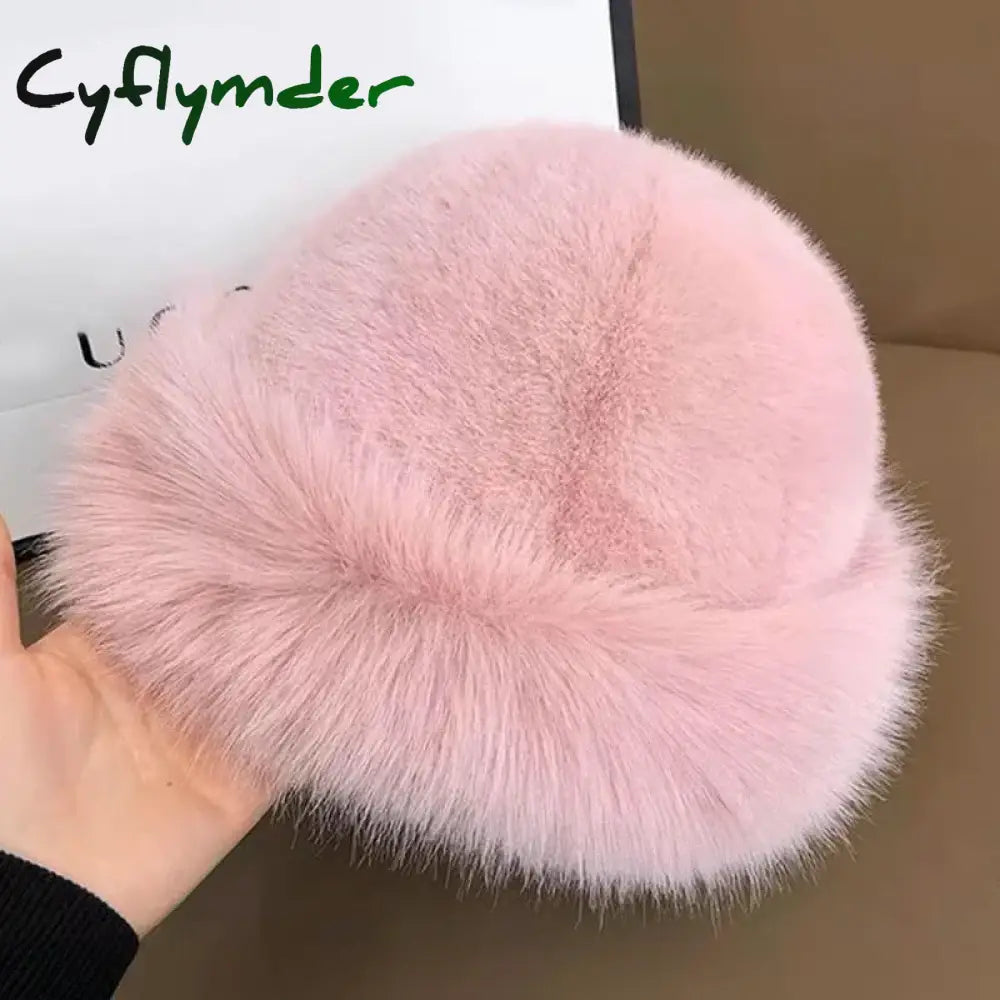 Cyflymder Winter Thick Warm Furry Beanies Hat Women Fashion Imitation Mink Fur Russian Cap Solid Color Plush Brimless