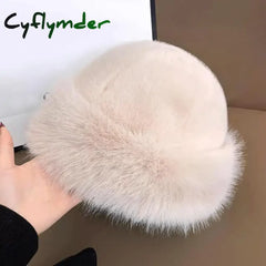 Cyflymder Winter Thick Warm Furry Beanies Hat Women Fashion Imitation Mink Fur Russian Cap Solid Color Plush Brimless