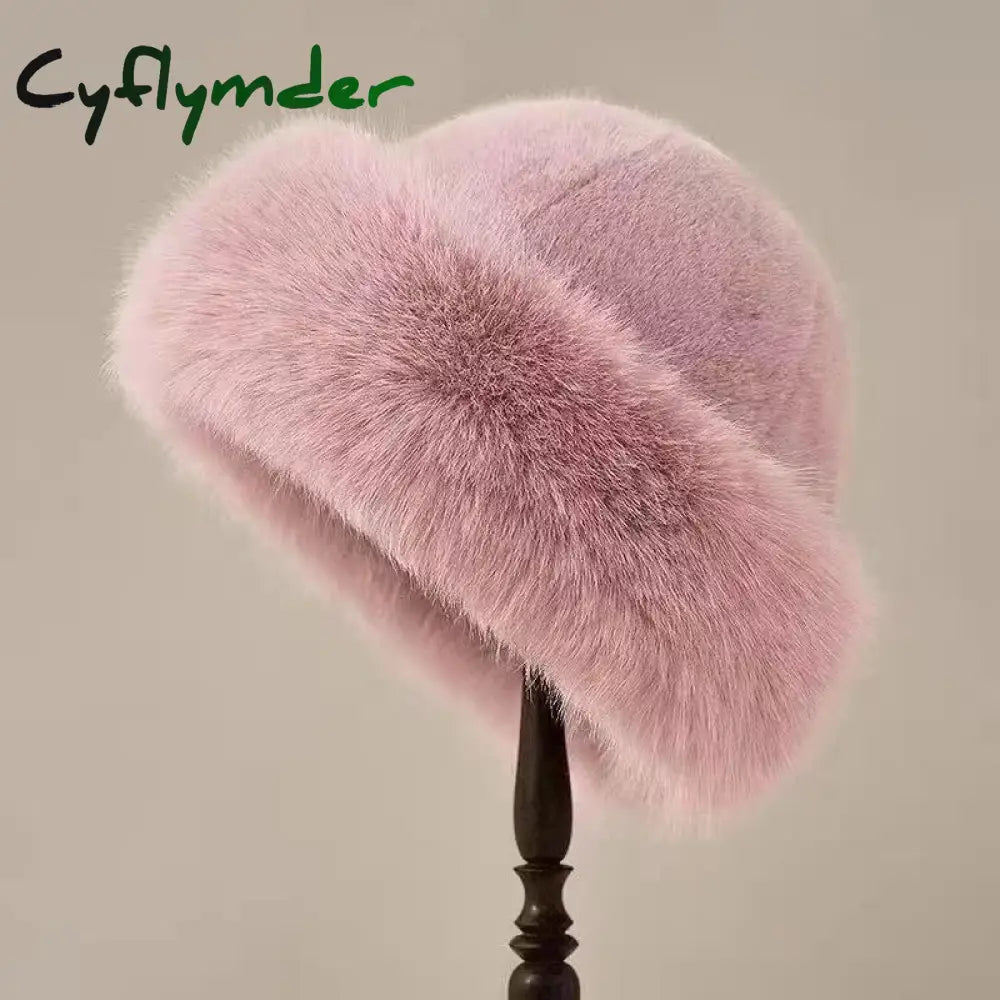 Cyflymder Winter Thick Warm Furry Beanies Hat Women Fashion Imitation Mink Fur Russian Cap Solid Color Plush Brimless