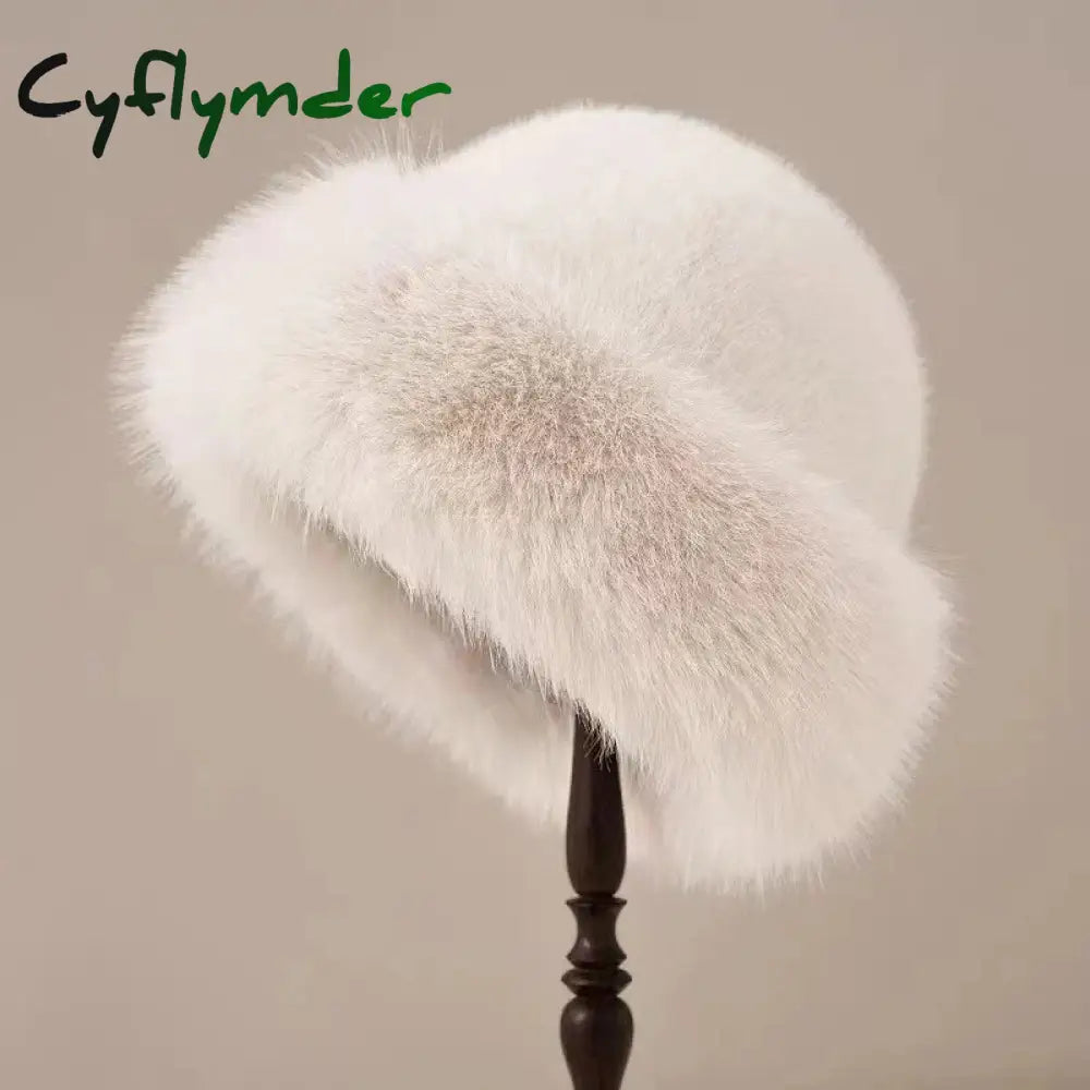 Cyflymder Winter Thick Warm Furry Beanies Hat Women Fashion Imitation Mink Fur Russian Cap Solid Color Plush Brimless