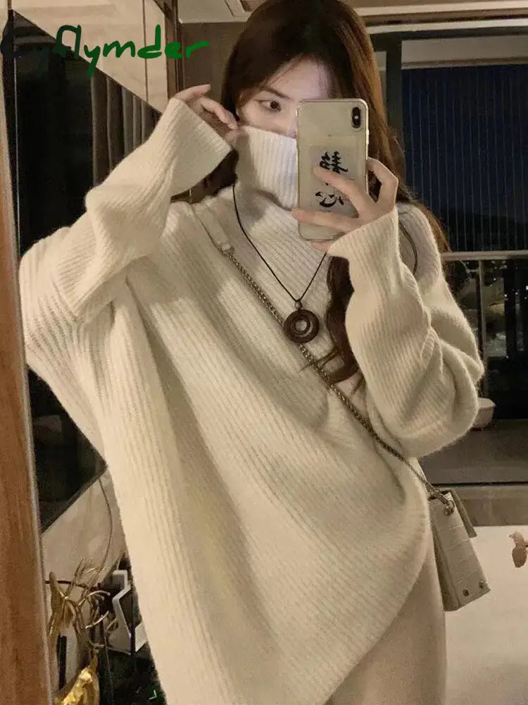 Cyflymder Winter Turtlenecks Women Korean Irregular Knitted Sweater Female Warm Solid Color