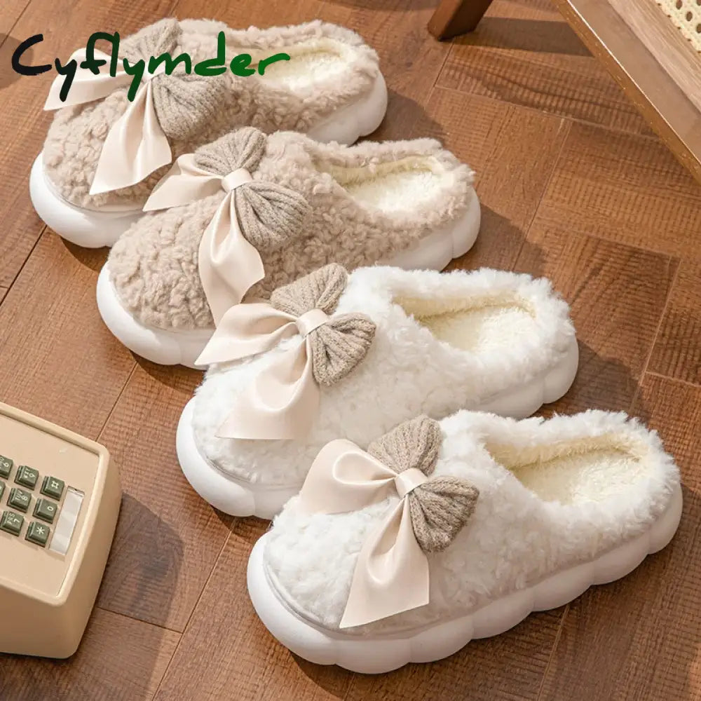 Cyflymder Winter Warm Fur Slippers for Women Cute Bow House Non Slip Soft Shoes Comfort Flat Heel Home Indoor Bedroom