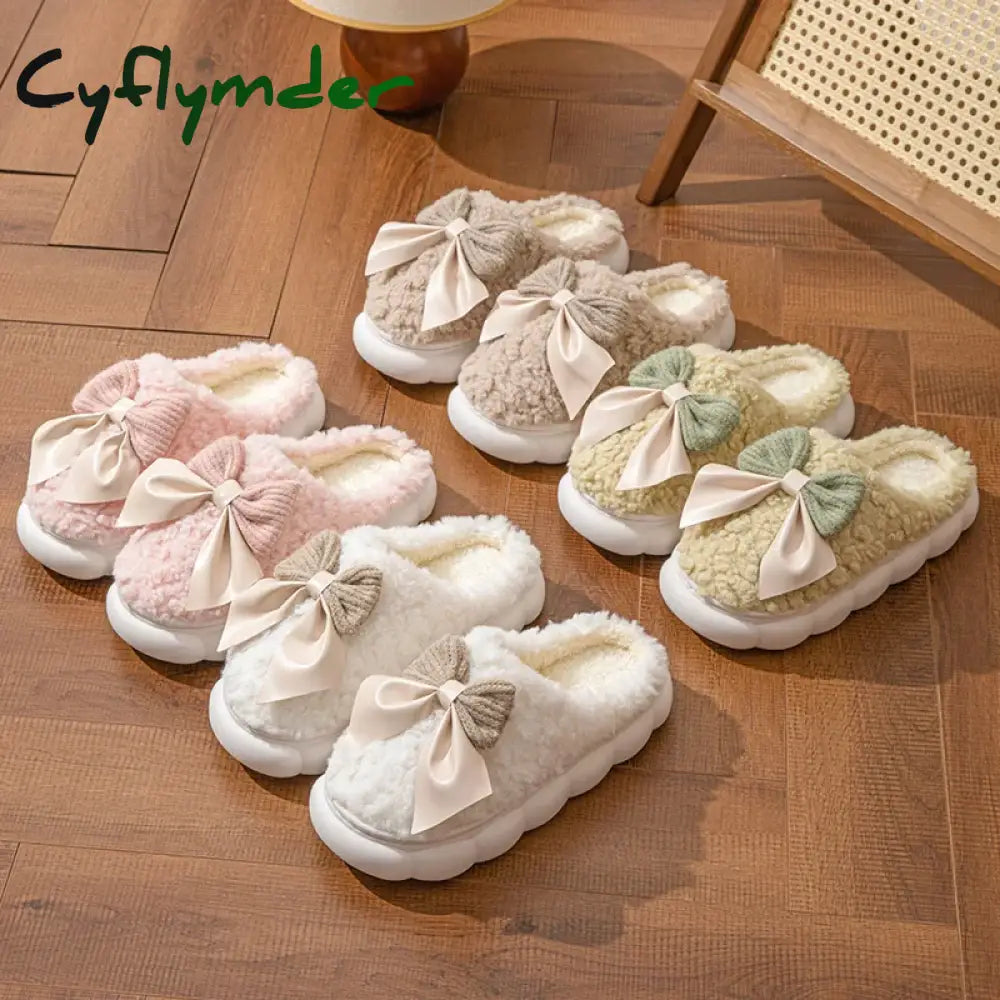 Cyflymder Winter Warm Fur Slippers for Women Cute Bow House Non Slip Soft Shoes Comfort Flat Heel Home Indoor Bedroom