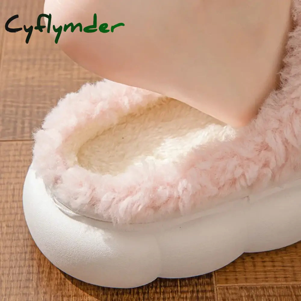 Cyflymder Winter Warm Fur Slippers for Women Cute Bow House Non Slip Soft Shoes Comfort Flat Heel Home Indoor Bedroom