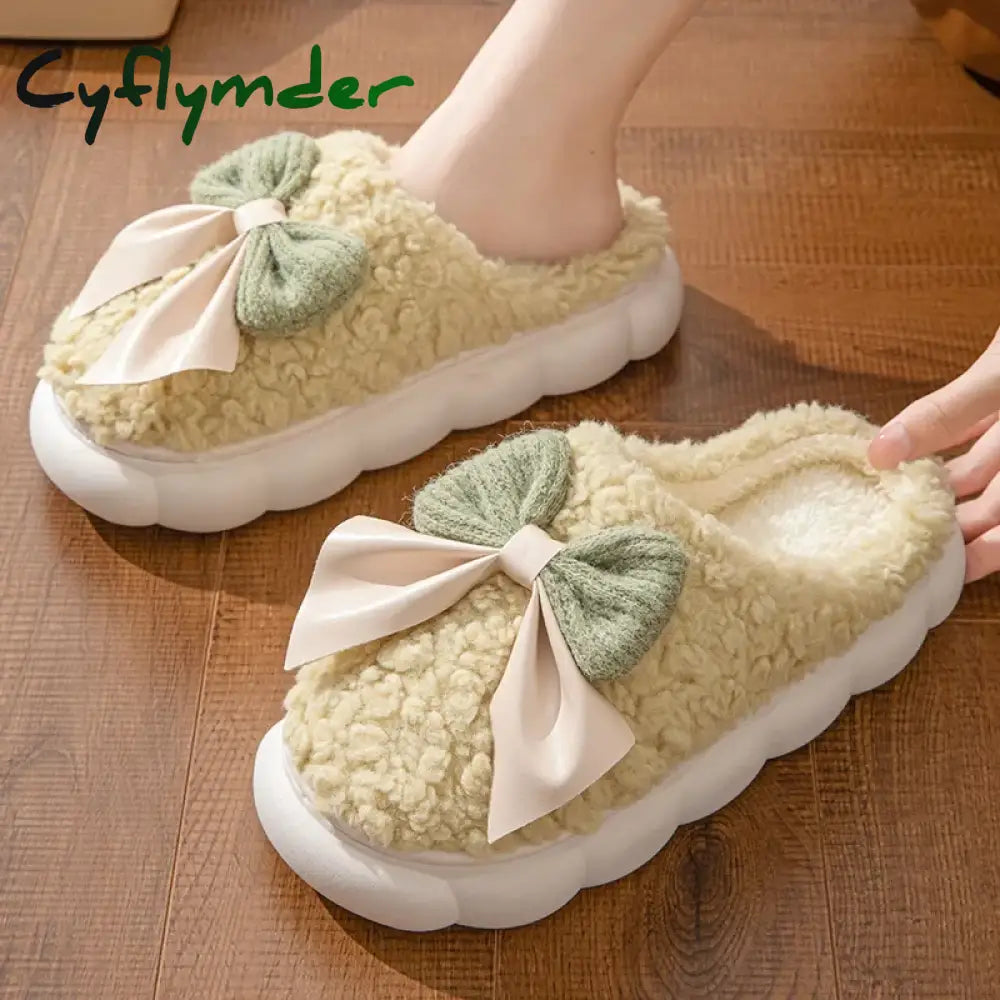 Cyflymder Winter Warm Fur Slippers for Women Cute Bow House Non Slip Soft Shoes Comfort Flat Heel Home Indoor Bedroom