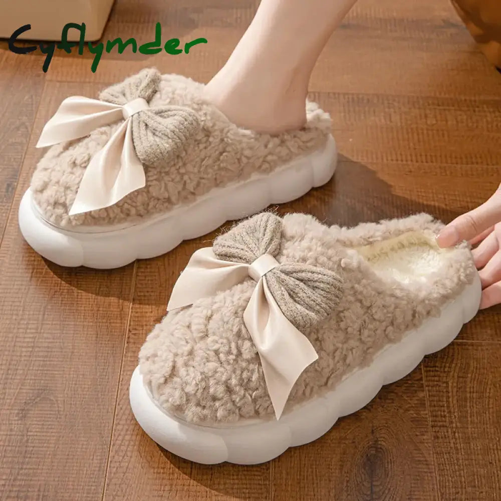 Cyflymder Winter Warm Fur Slippers for Women Cute Bow House Non Slip Soft Shoes Comfort Flat Heel Home Indoor Bedroom