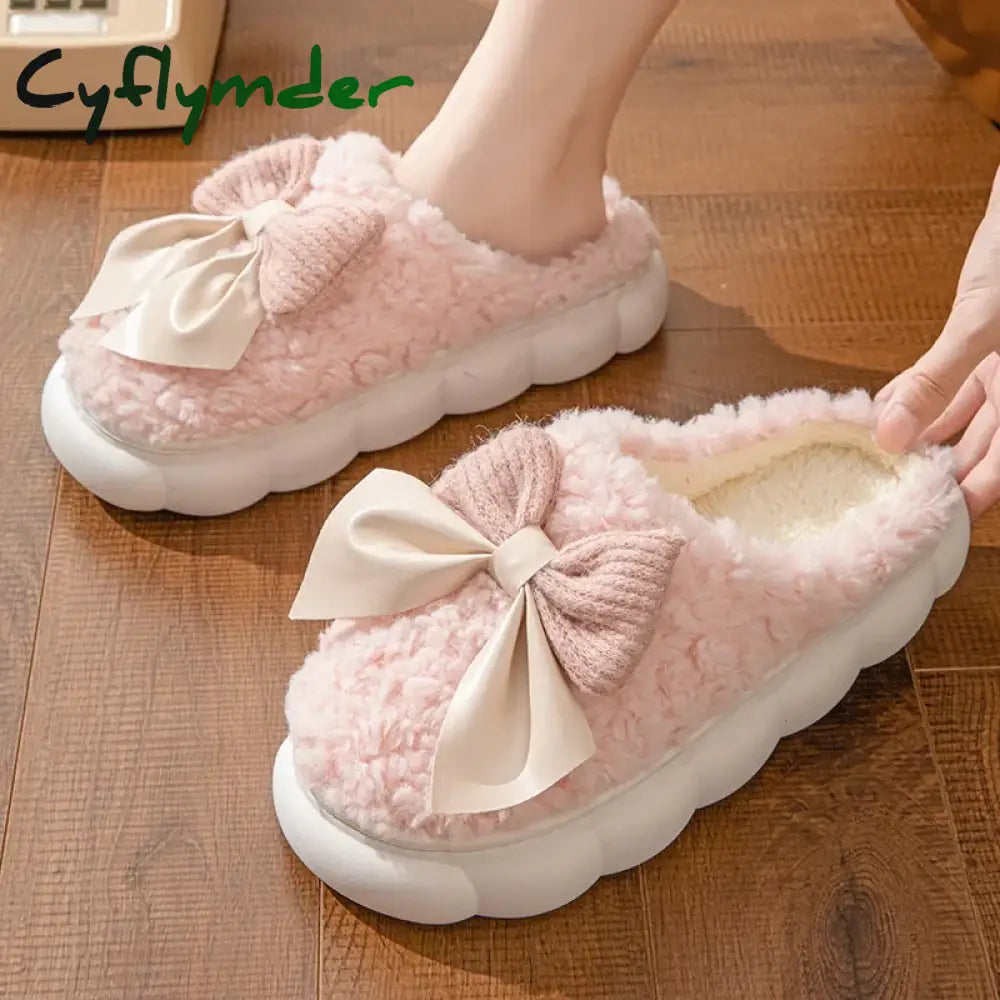 Cyflymder Winter Warm Fur Slippers for Women Cute Bow House Non Slip Soft Shoes Comfort Flat Heel Home Indoor Bedroom