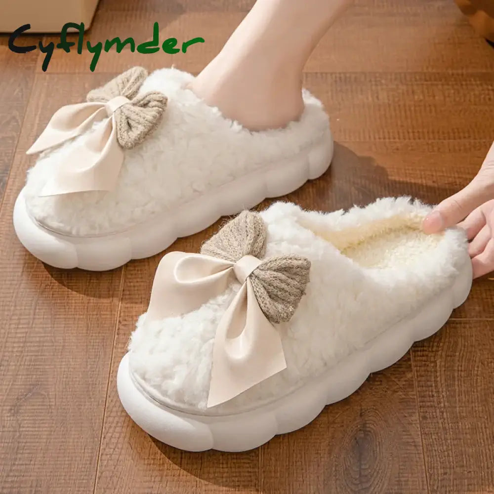 Cyflymder Winter Warm Fur Slippers for Women Cute Bow House Non Slip Soft Shoes Comfort Flat Heel Home Indoor Bedroom