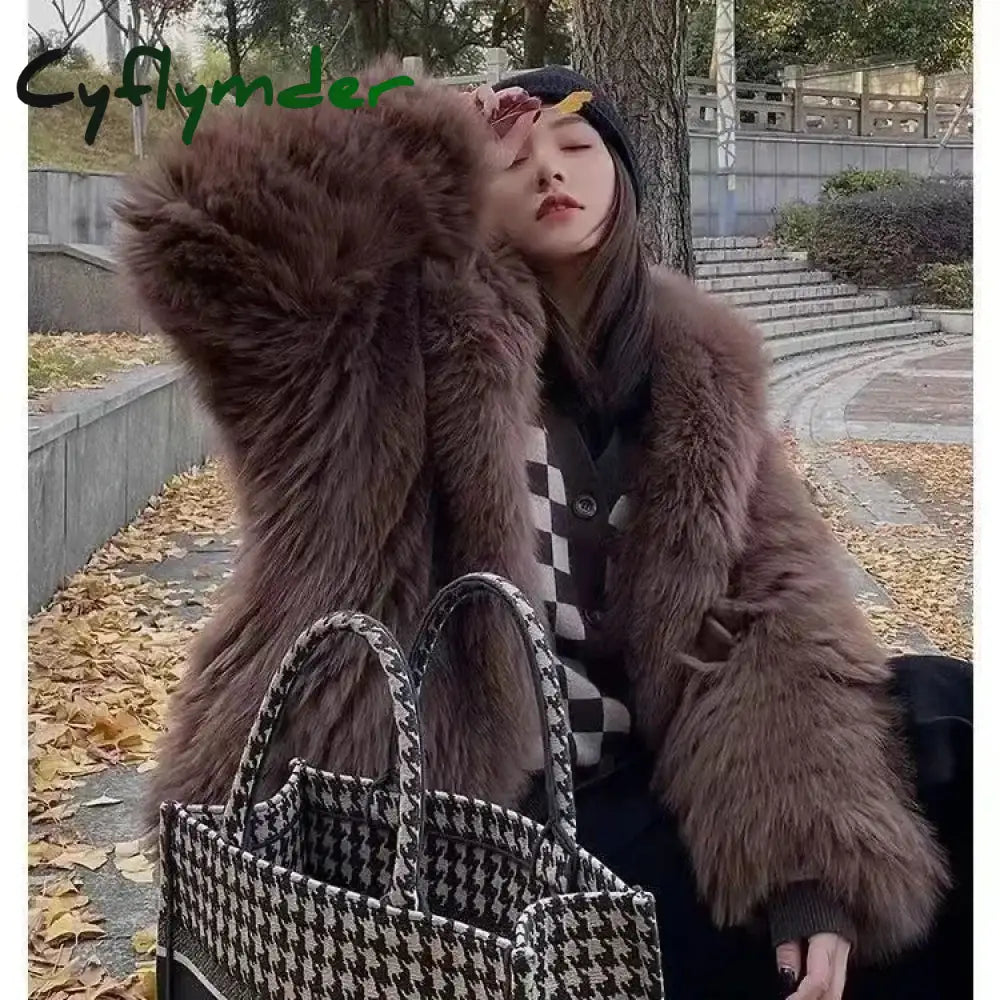 Cyflymder winter winery outfit Trendy Hooded Faux Fox Fur Coats super Warm Winter Furry Jacket Women Streetwear Plush