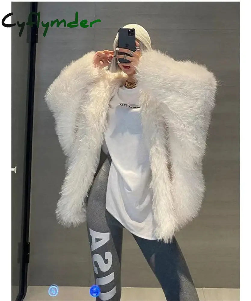 Cyflymder winter winery outfit Trendy Hooded Faux Fox Fur Coats super Warm Winter Furry Jacket Women Streetwear Plush