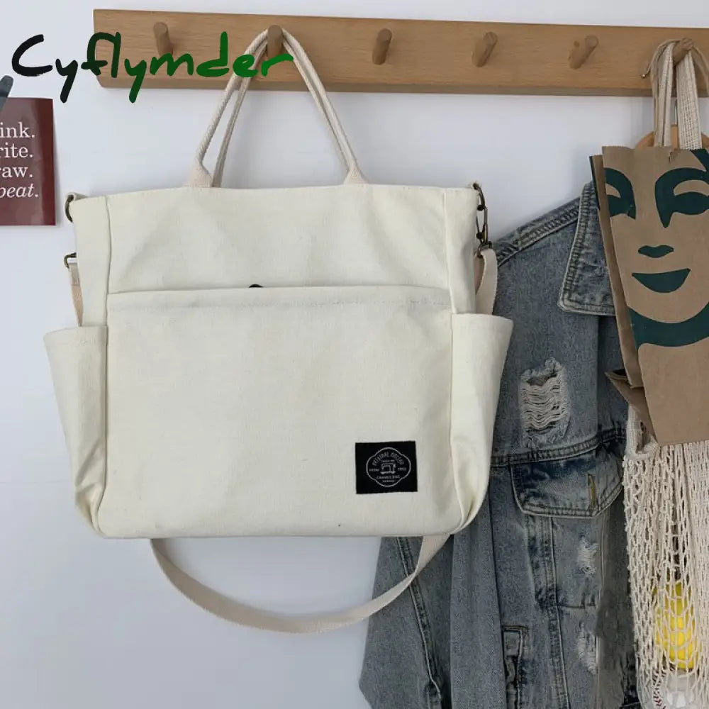 Cyflymder Woman Canvas Tote Shoulder Messenger Bag Handbag With An External Pocket Reusable Grocery