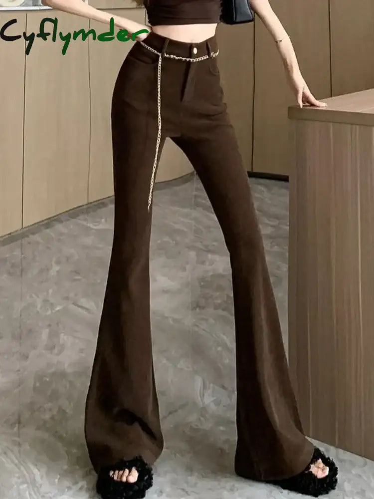 Cyflymder Woman Trousers Fluid High Waist Corduroy Flare Pants For Women Harajuku Slacks