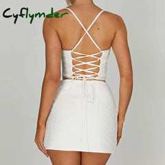 Cyflymder Women 2 Piece Skirt Set Jacquard Eyelet Slim Fit Backless Tie Up Corset Crop Tops + Mini