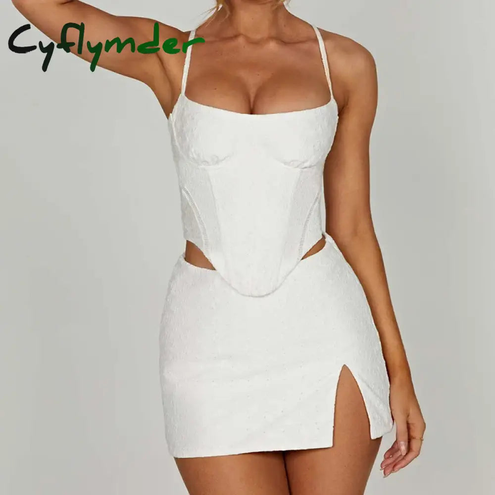 Cyflymder Women 2 Piece Skirt Set Jacquard Eyelet Slim Fit Backless Tie Up Corset Crop Tops + Mini