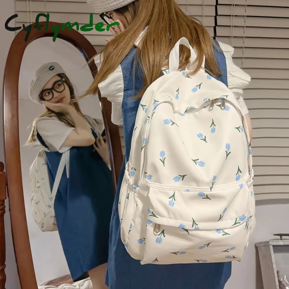 Cyflymder Women Backpack Multi-Pocket Nylon Floral Prints School For Student Girl Laptop Bookpack