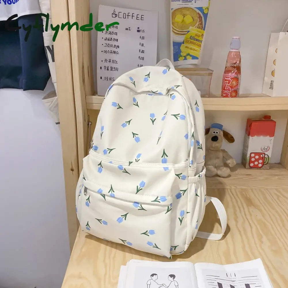 Cyflymder Women Backpack Multi-Pocket Nylon Floral Prints School For Student Girl Laptop Bookpack